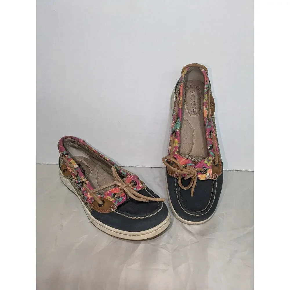 Sperry Womens 6M Top-Sider Boat Shoes Floral Accent Navy Blue Deck Shoes Loafers